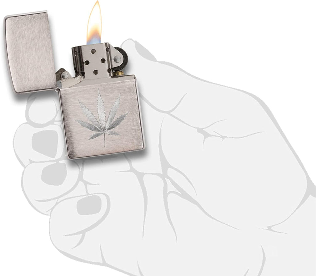 Zippo Brushed Chrome Marijuana Leaf Pocket Lighter