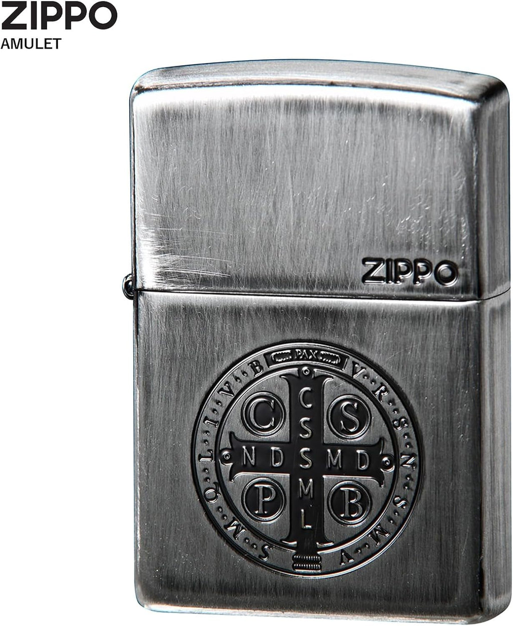 Zippo 2UDS-BENEDICT Windproof Brass Lighter Amulet Saint Benedict Medal Motif with Special Sticker Silver
