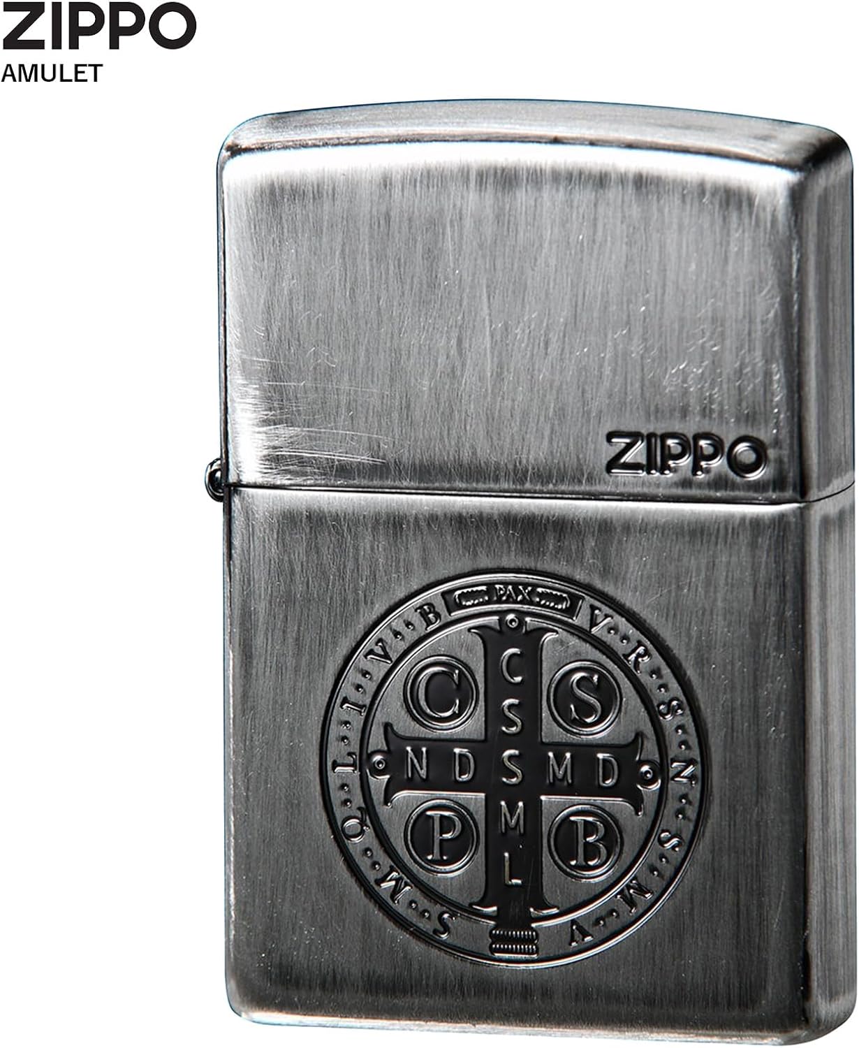 Zippo 2UDS-BENEDICT Windproof Brass Lighter Amulet Saint Benedict Medal Motif with Special Sticker Silver