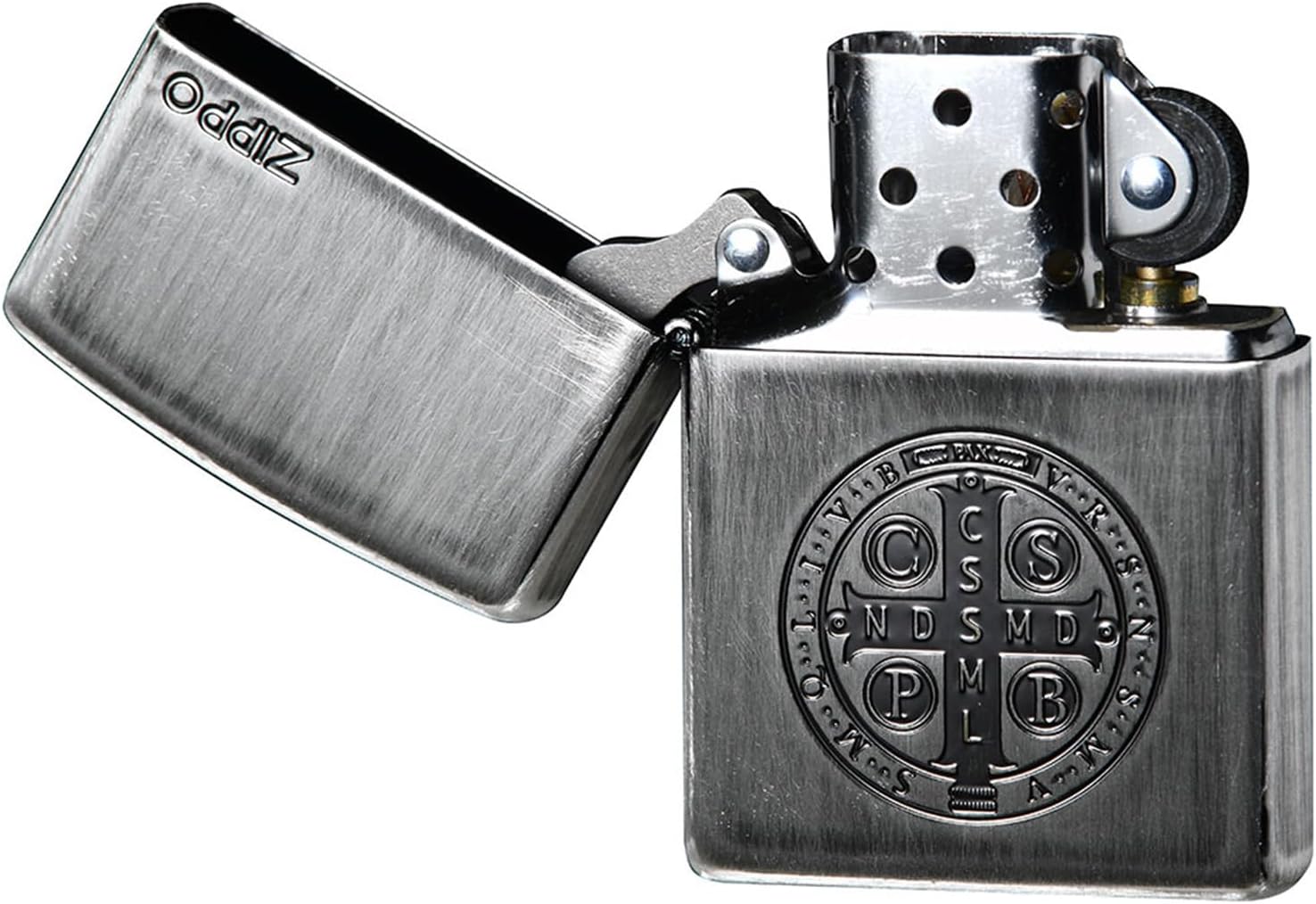 Zippo 2UDS-BENEDICT Windproof Brass Lighter Amulet Saint Benedict Medal Motif with Special Sticker Silver