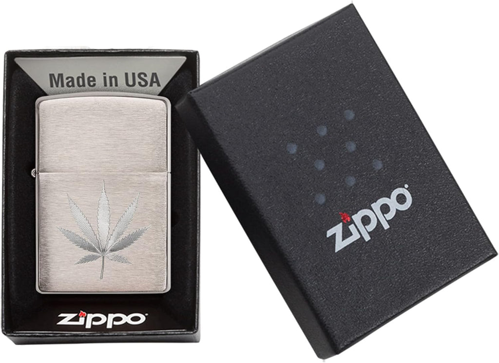 Zippo Brushed Chrome Marijuana Leaf Pocket Lighter