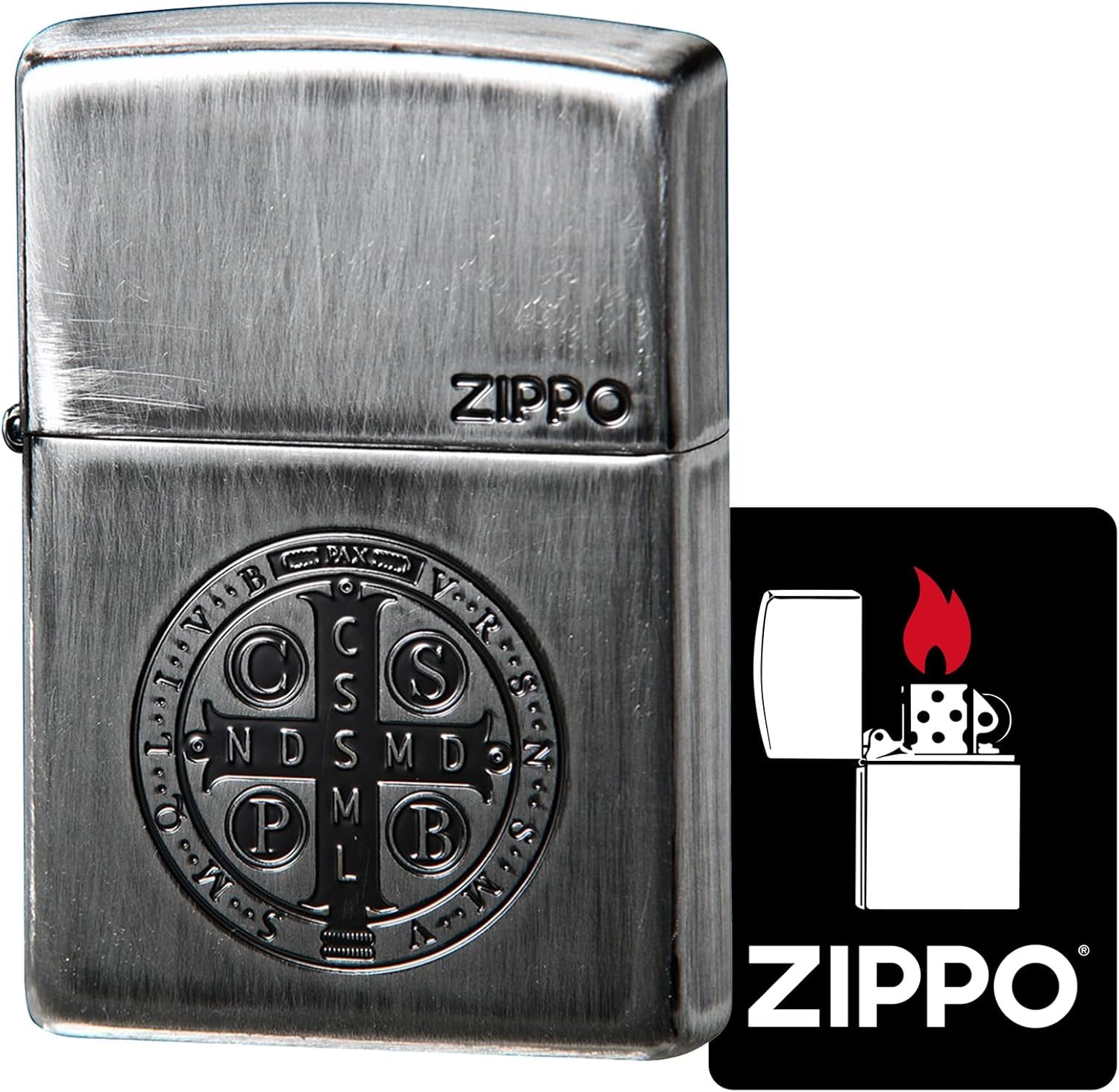 Zippo 2UDS-BENEDICT Windproof Brass Lighter Amulet Saint Benedict Medal Motif with Special Sticker Silver