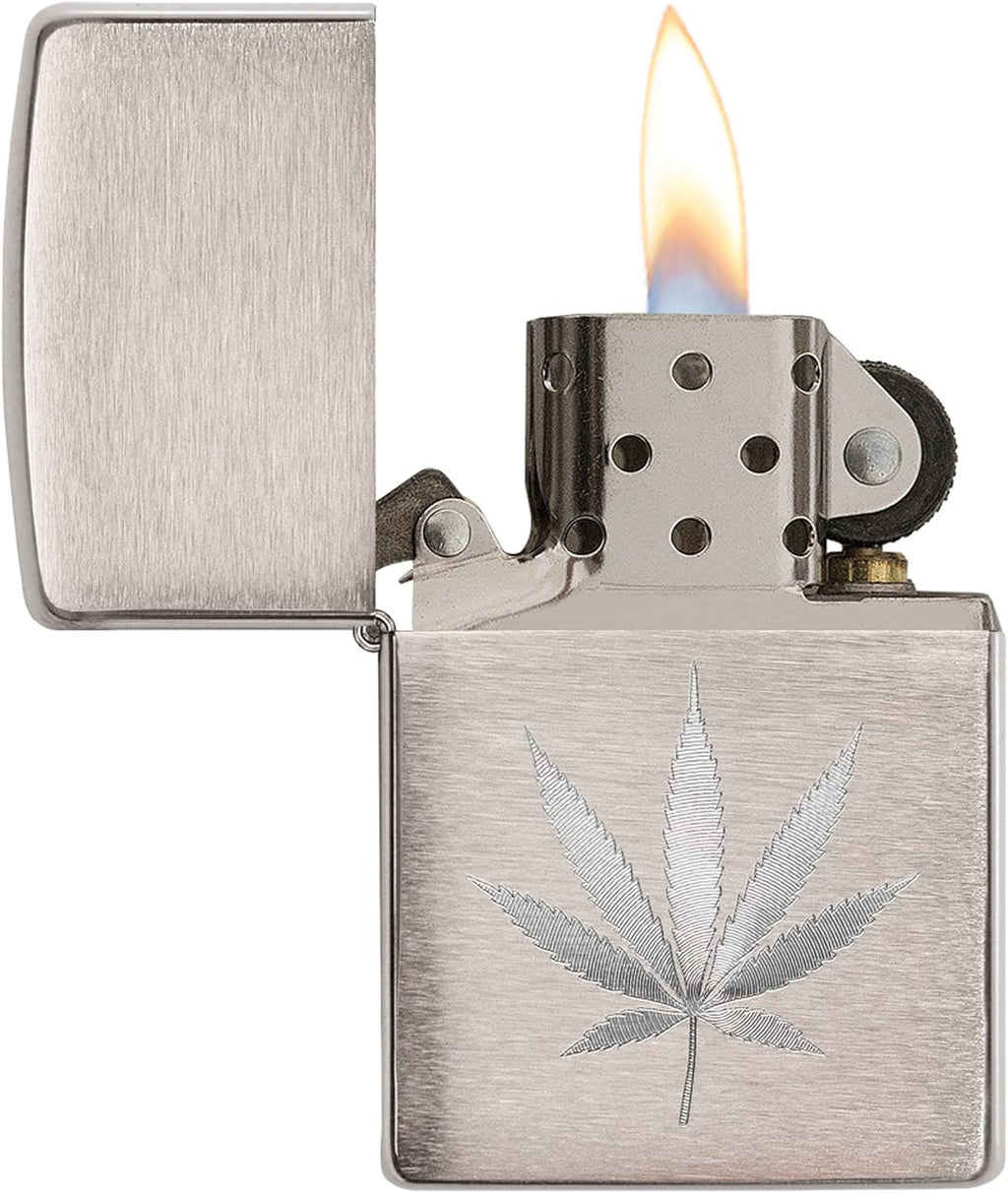 Zippo Brushed Chrome Marijuana Leaf Pocket Lighter